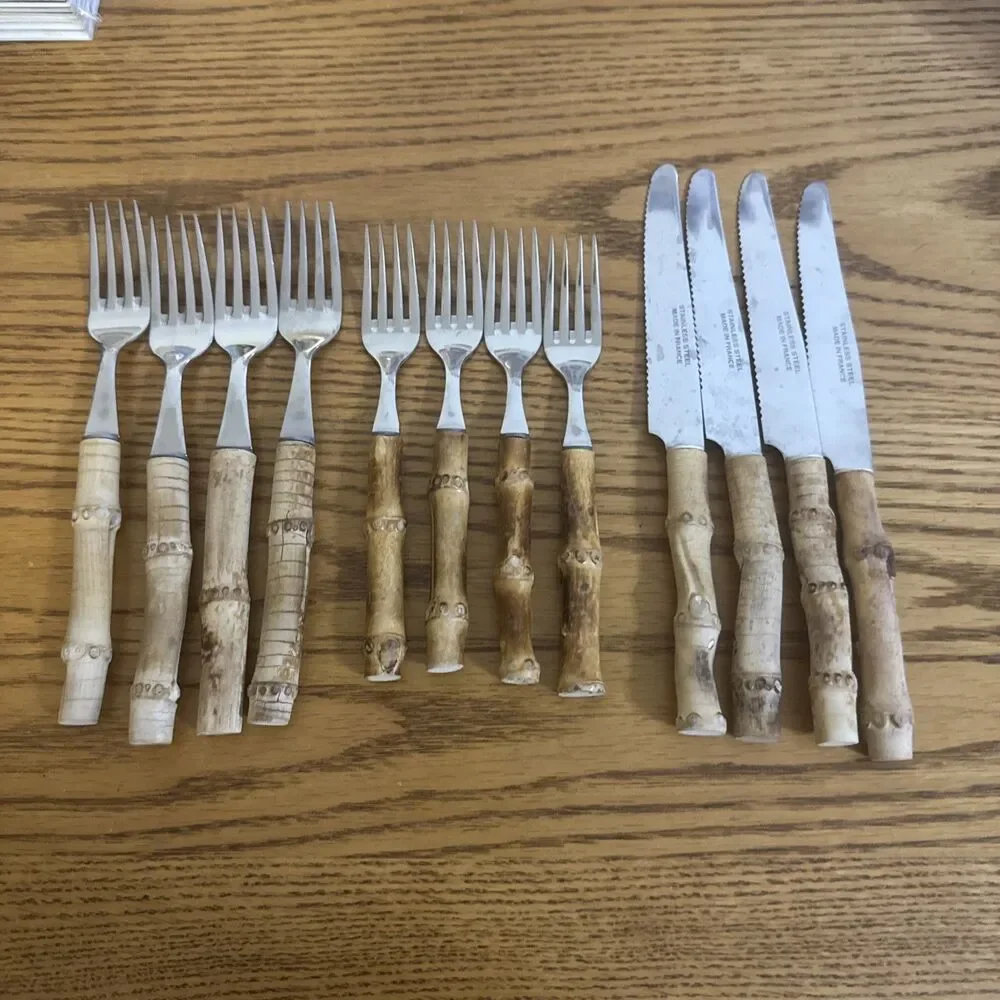 VTG Natural Bamboo Handle Flatware-Made in France Stainless Steel-12 Pieces